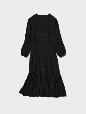 Uniqlo Black Button Front V-Neck Midi Flare Dress M NWT